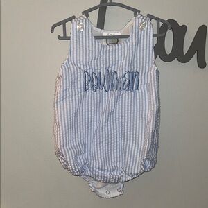 Striped Blue & White Baby Romper with “Bowman” Name Embroidery